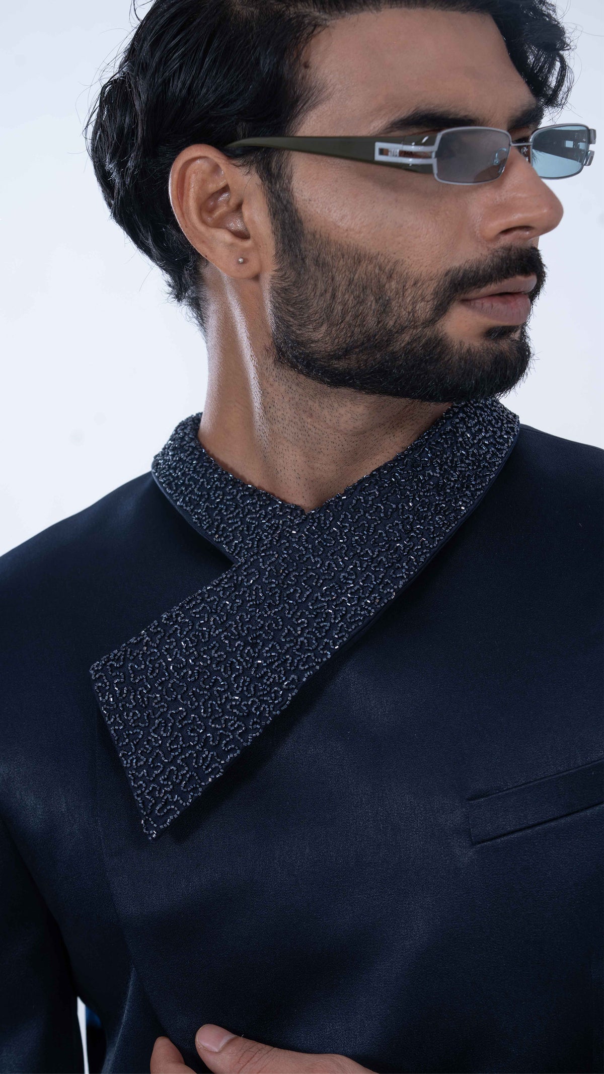 Navy Satin Crystal Collar Jodhpuri Set for Men | BWO by Smit Pithadia