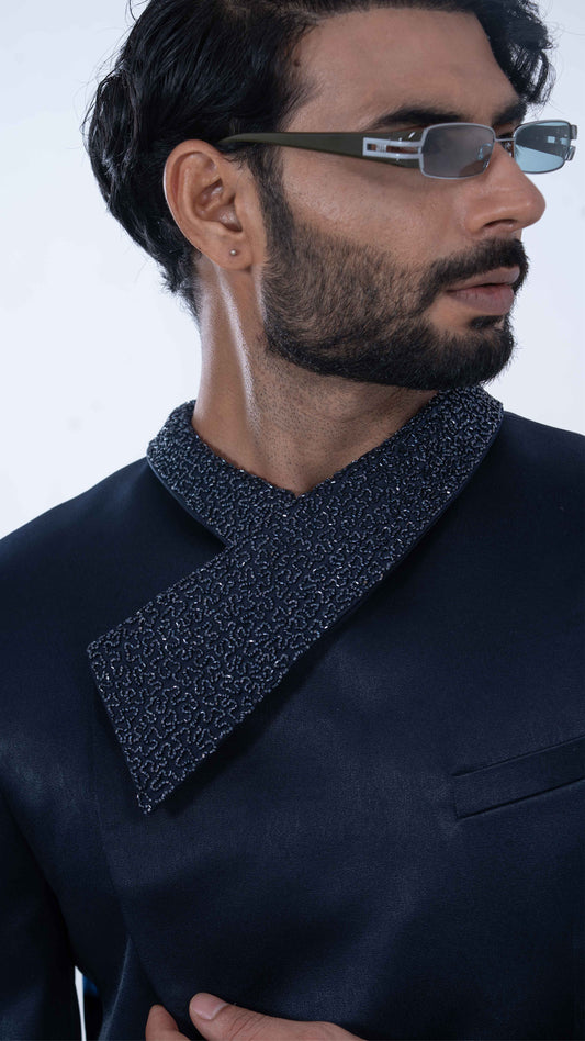 Navy Satin Crystal Collar Jodhpuri Set for Men | BWO by Smit Pithadia