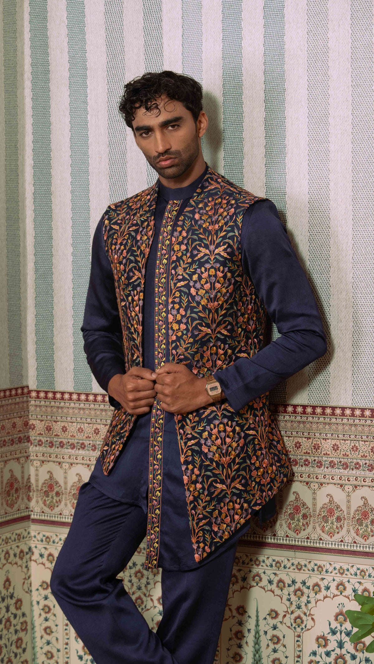 Navy Blue Multicolor Floral Asymmetric Bundi Jacket Kurta Set for Men | BWO by Smit Pithadia