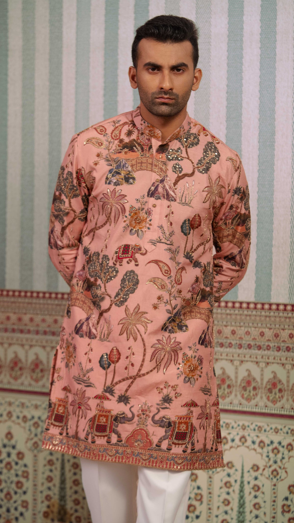 Blush Pink Elephant Motif Embroidered Kurta for Men | BWO by Smit Pithadia