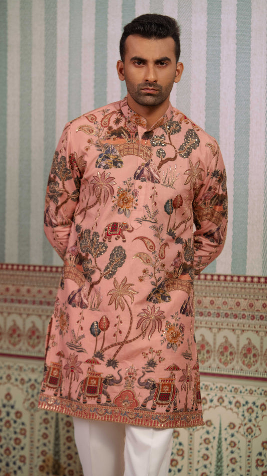 Blush Pink Elephant Motif Embroidered Kurta for Men | BWO by Smit Pithadia
