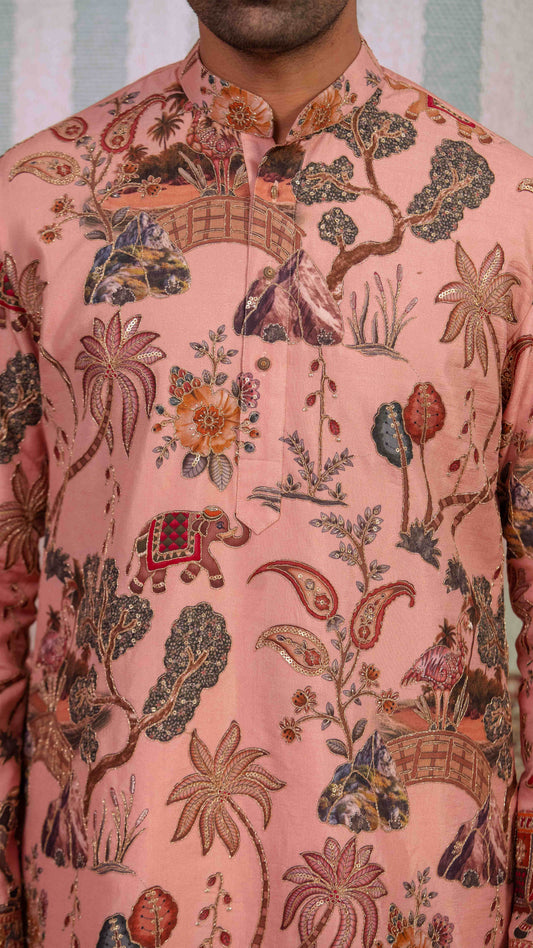 Blush Pink Elephant Motif Embroidered Kurta for Men | BWO by Smit Pithadia