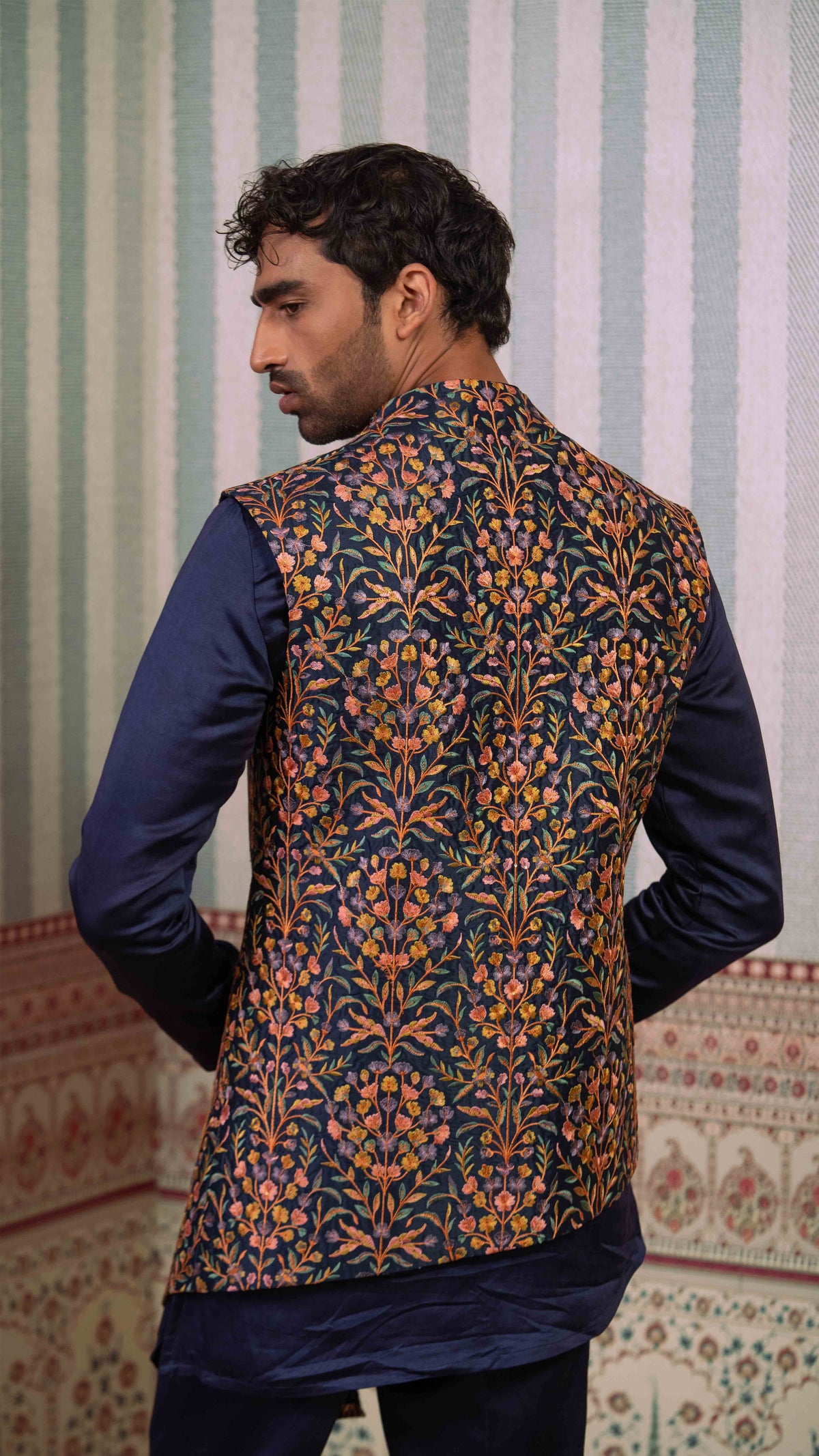 Navy Blue Multicolor Floral Asymmetric Bundi Jacket Kurta Set for Men | BWO by Smit Pithadia