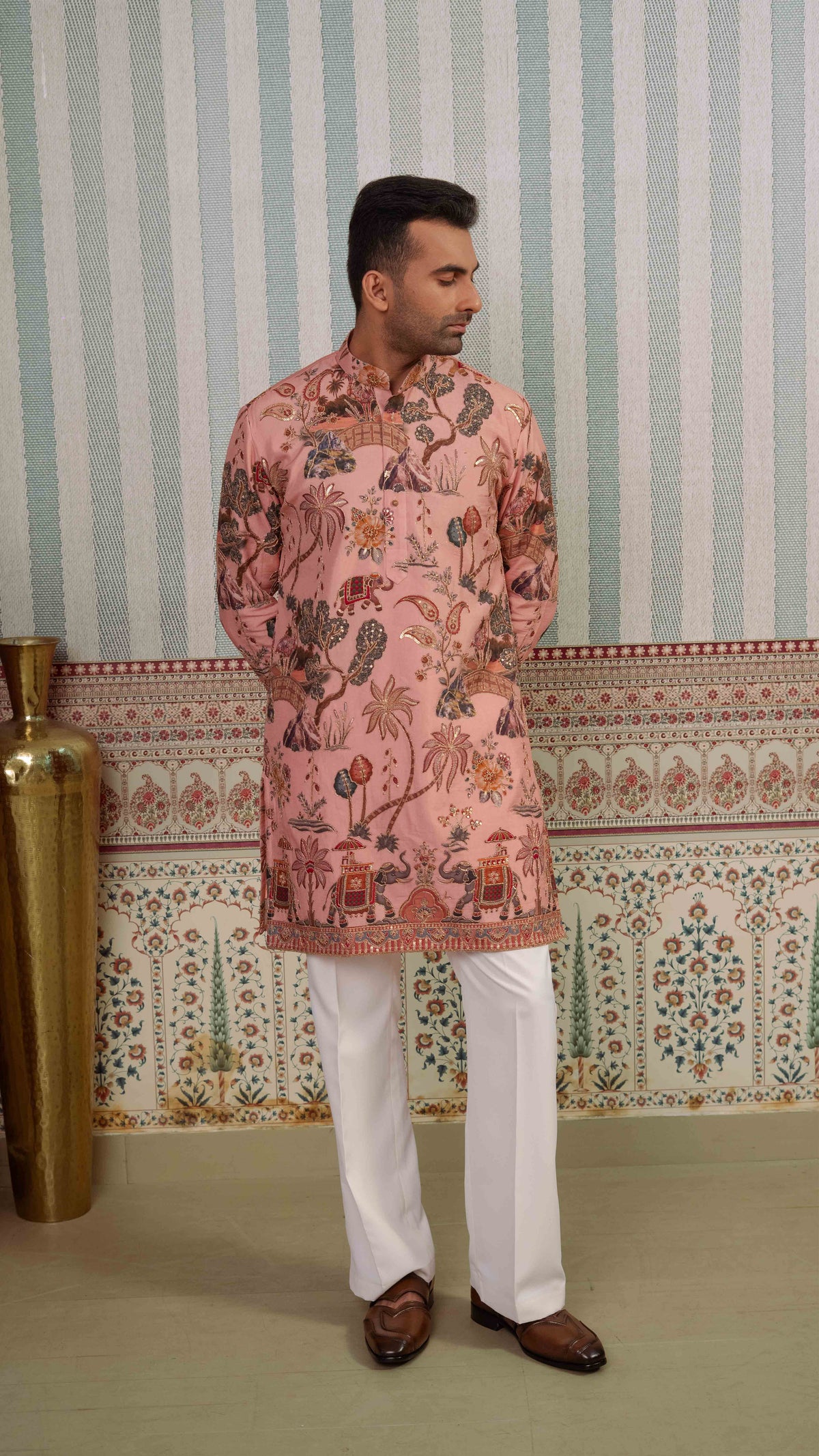 Blush Pink Elephant Motif Embroidered Kurta for Men | BWO by Smit Pithadia