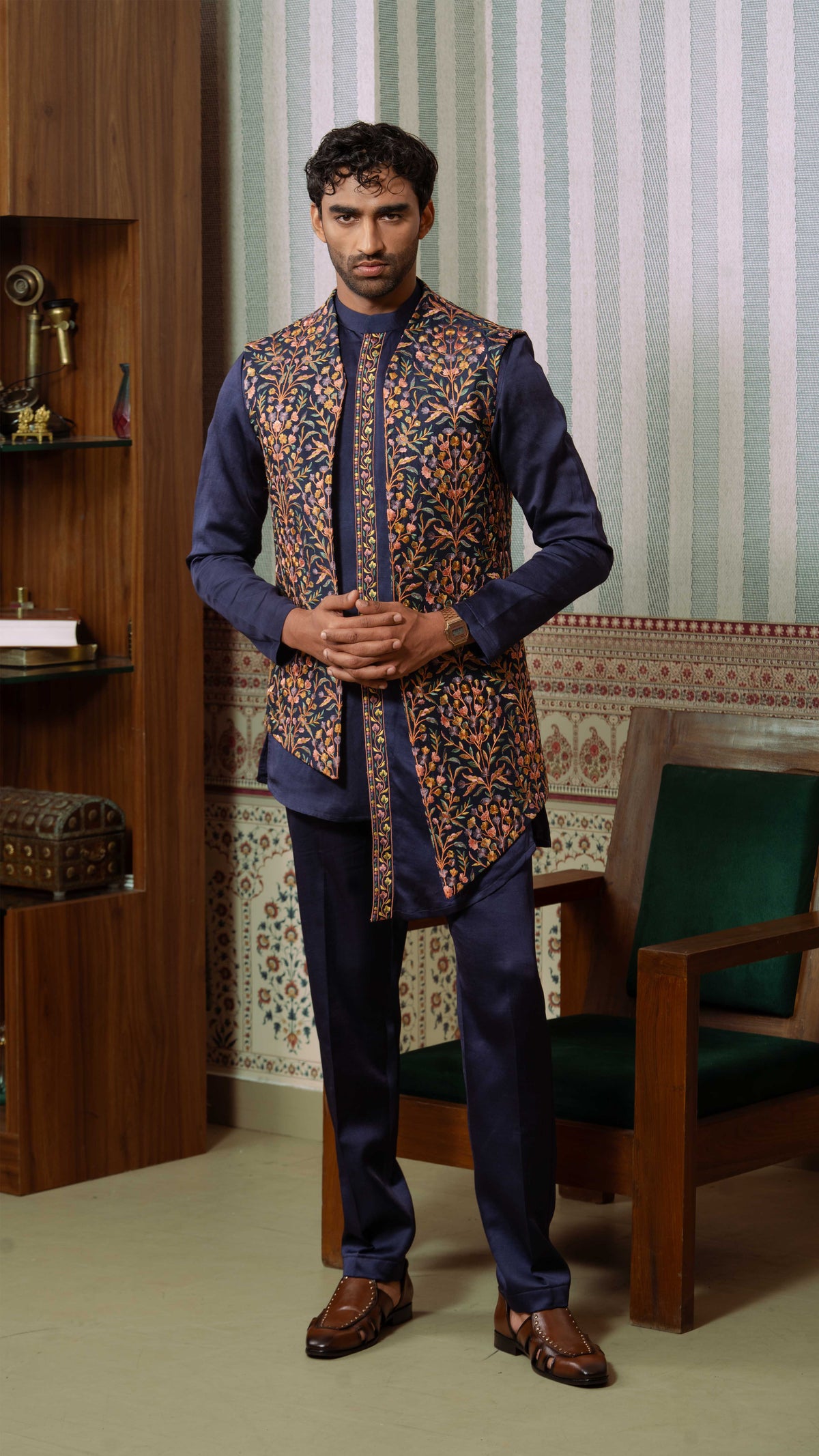 Navy Blue Multicolor Floral Asymmetric Bundi Jacket Kurta Set for Men | BWO by Smit Pithadia
