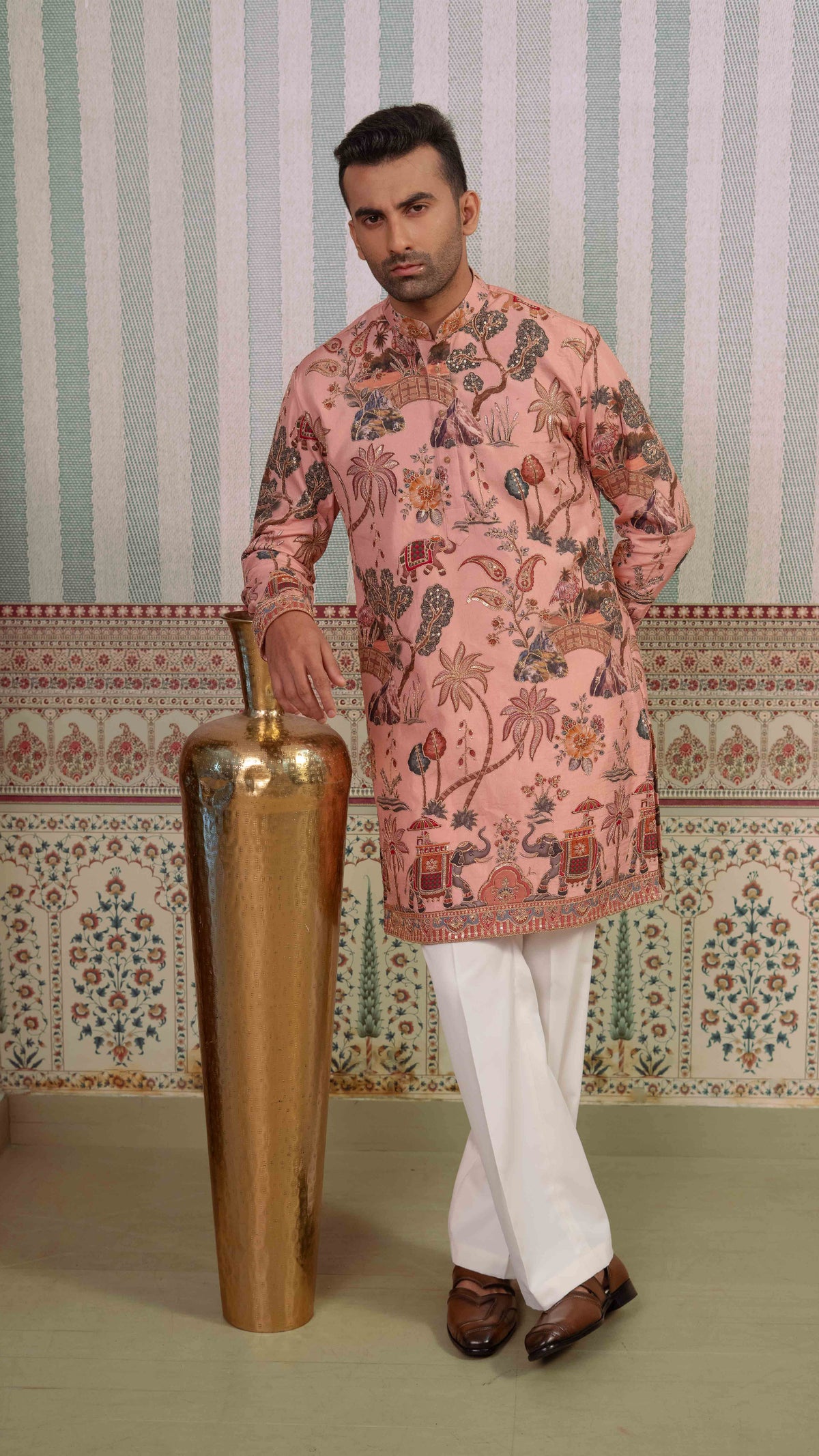 Blush Pink Elephant Motif Embroidered Kurta for Men | BWO by Smit Pithadia