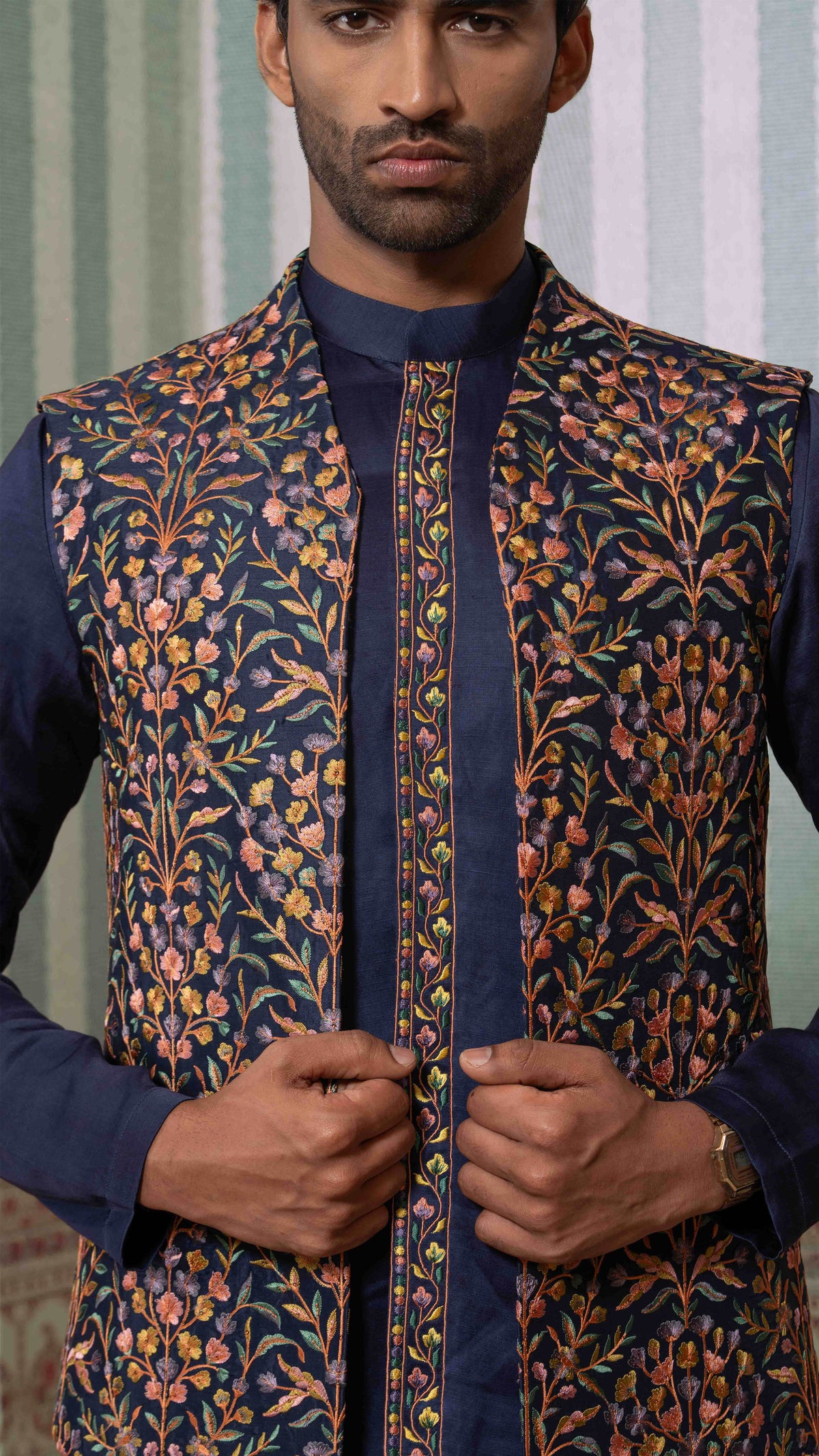 Navy Blue Multicolor Floral Asymmetric Bundi Jacket Kurta Set for Men | BWO by Smit Pithadia