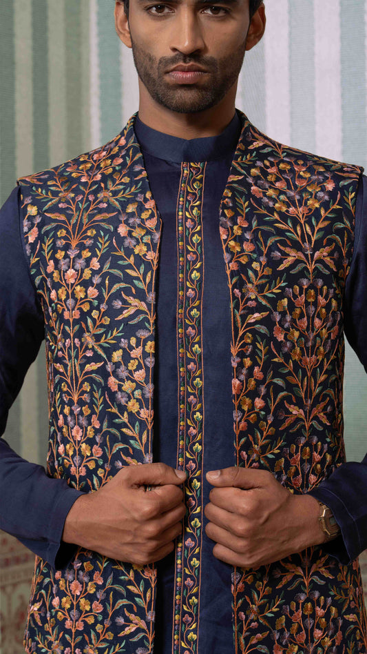 Navy Blue Multicolor Floral Asymmetric Bundi Jacket Kurta Set for Men | BWO by Smit Pithadia