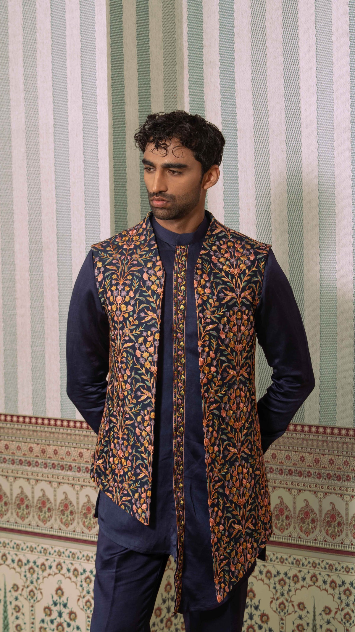Navy Blue Multicolor Floral Asymmetric Bundi Jacket Kurta Set for Men | BWO by Smit Pithadia