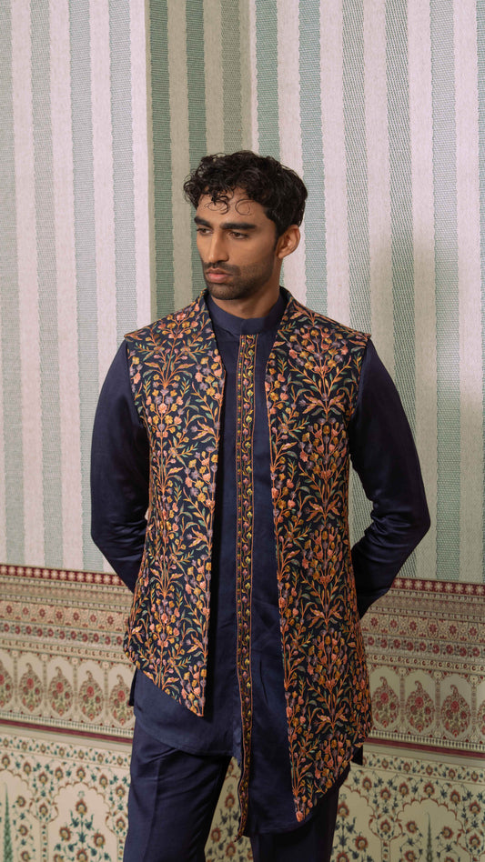 Navy Blue Multicolor Floral Asymmetric Bundi Jacket Kurta Set for Men | BWO by Smit Pithadia