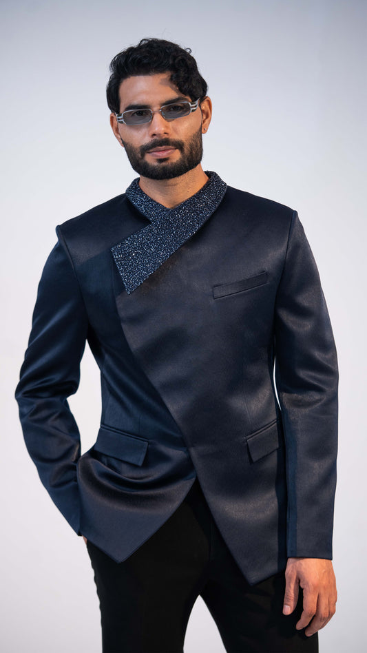 Navy Satin Crystal Collar Jodhpuri Set for Men | BWO by Smit Pithadia