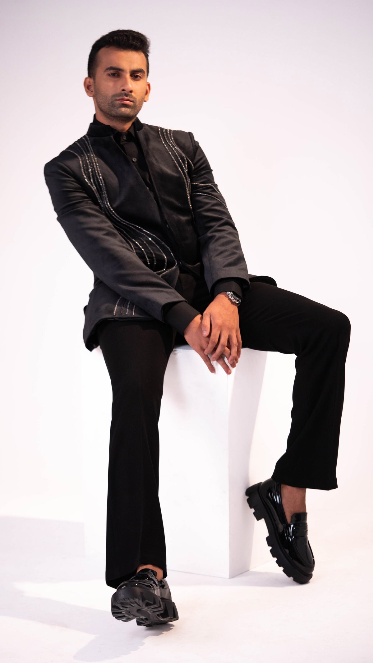 Black Suede Hand Embroidered Tubes Tuxedo Set for Men | BWO by Smit Pithadia