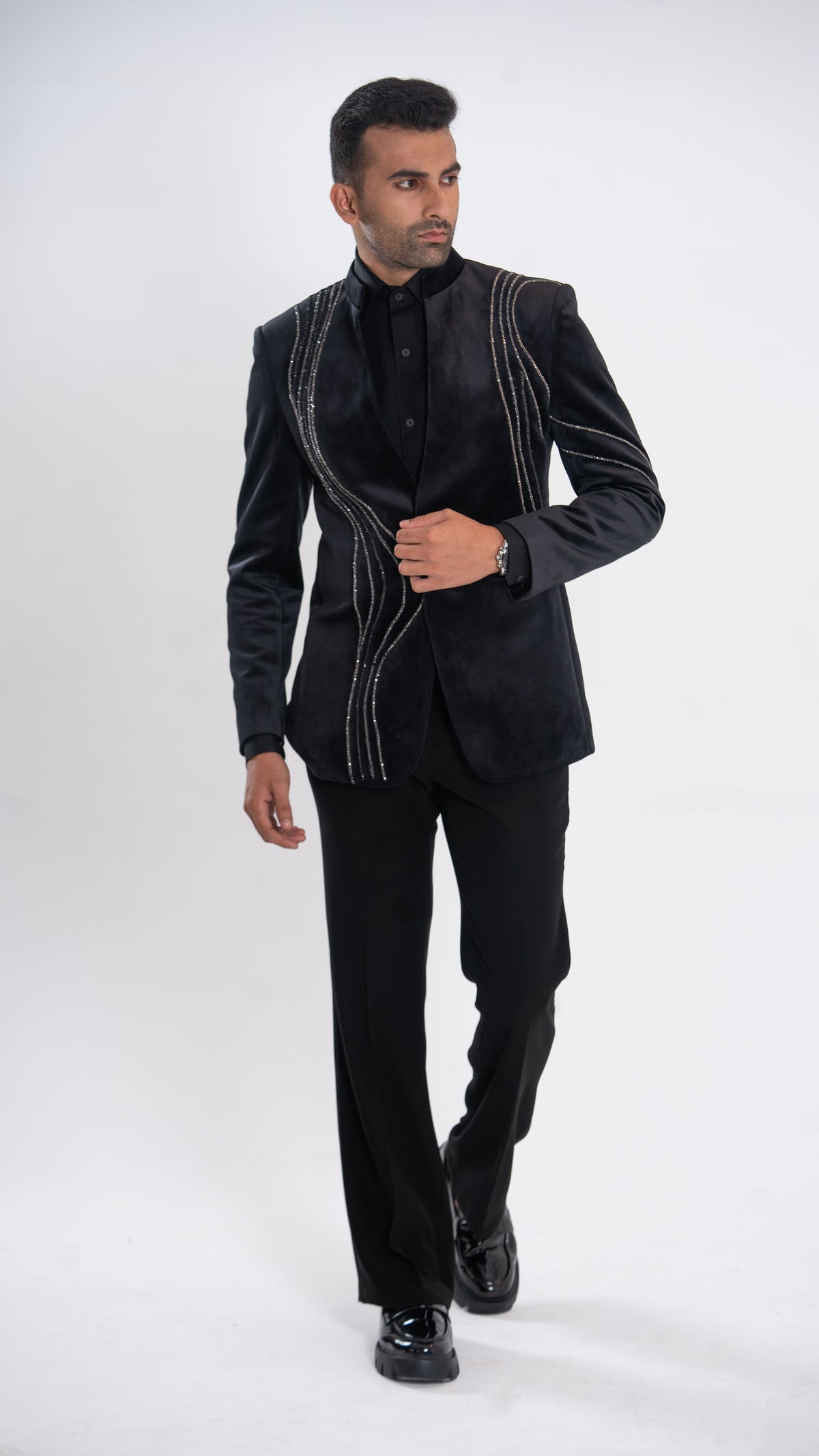 Black Suede Hand Embroidered Tubes Tuxedo Set for Men | BWO by Smit Pithadia