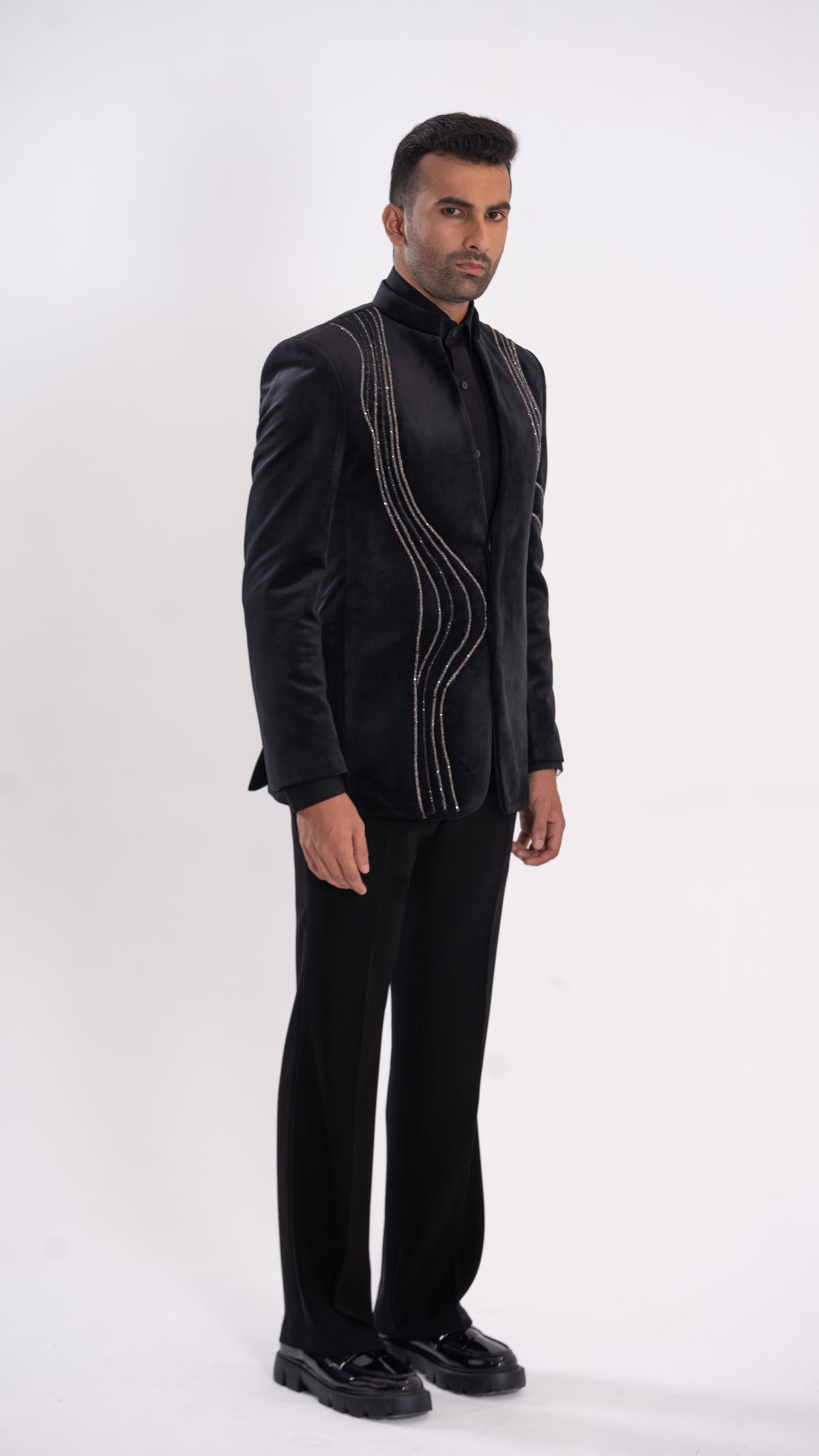 Black Suede Hand Embroidered Tubes Tuxedo Set for Men | BWO by Smit Pithadia