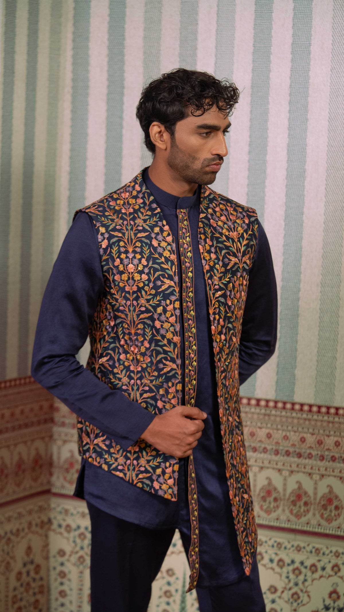 Navy Blue Multicolor Floral Asymmetric Bundi Jacket Kurta Set for Men | BWO by Smit Pithadia