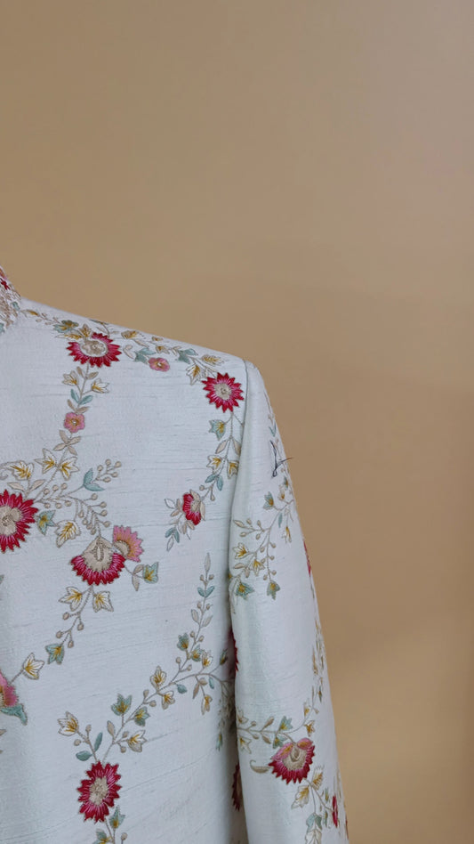 Buy Wedding Outfits Hand Embroidered White Raw Silk Floral Branch Jodhpuri Set - Buyweddingoutfits
